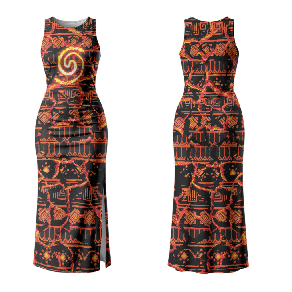Polynesia Lava Monster Cosplay Couples Matching Tank Maxi Dress and Hawaiian Shirt Fiery Glowing Volcano Crack Pattern