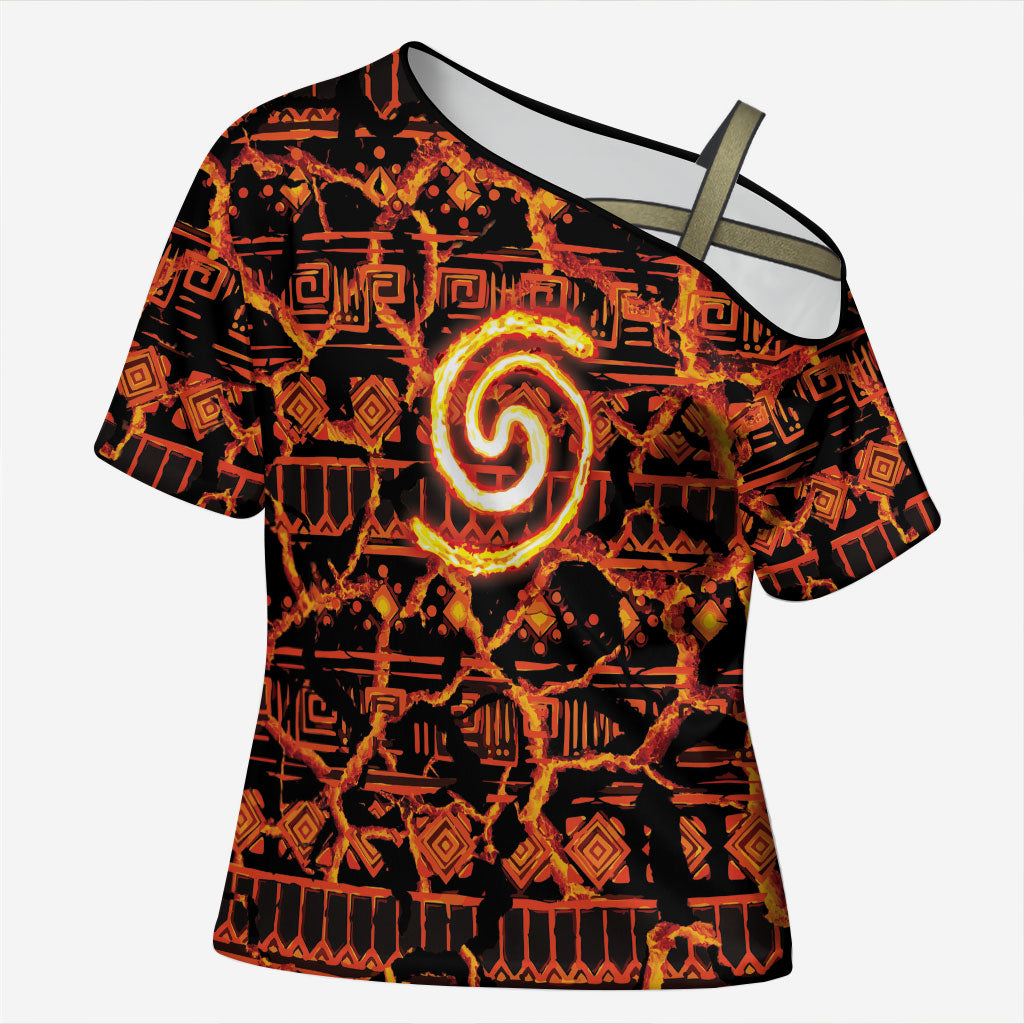Polynesia Lava Monster Cosplay Cross Shoulder Shirt Fiery Glowing Volcano Crack Pattern