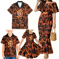 Polynesia Lava Monster Cosplay Family Matching Mermaid Dress and Hawaiian Shirt Fiery Glowing Volcano Crack Pattern