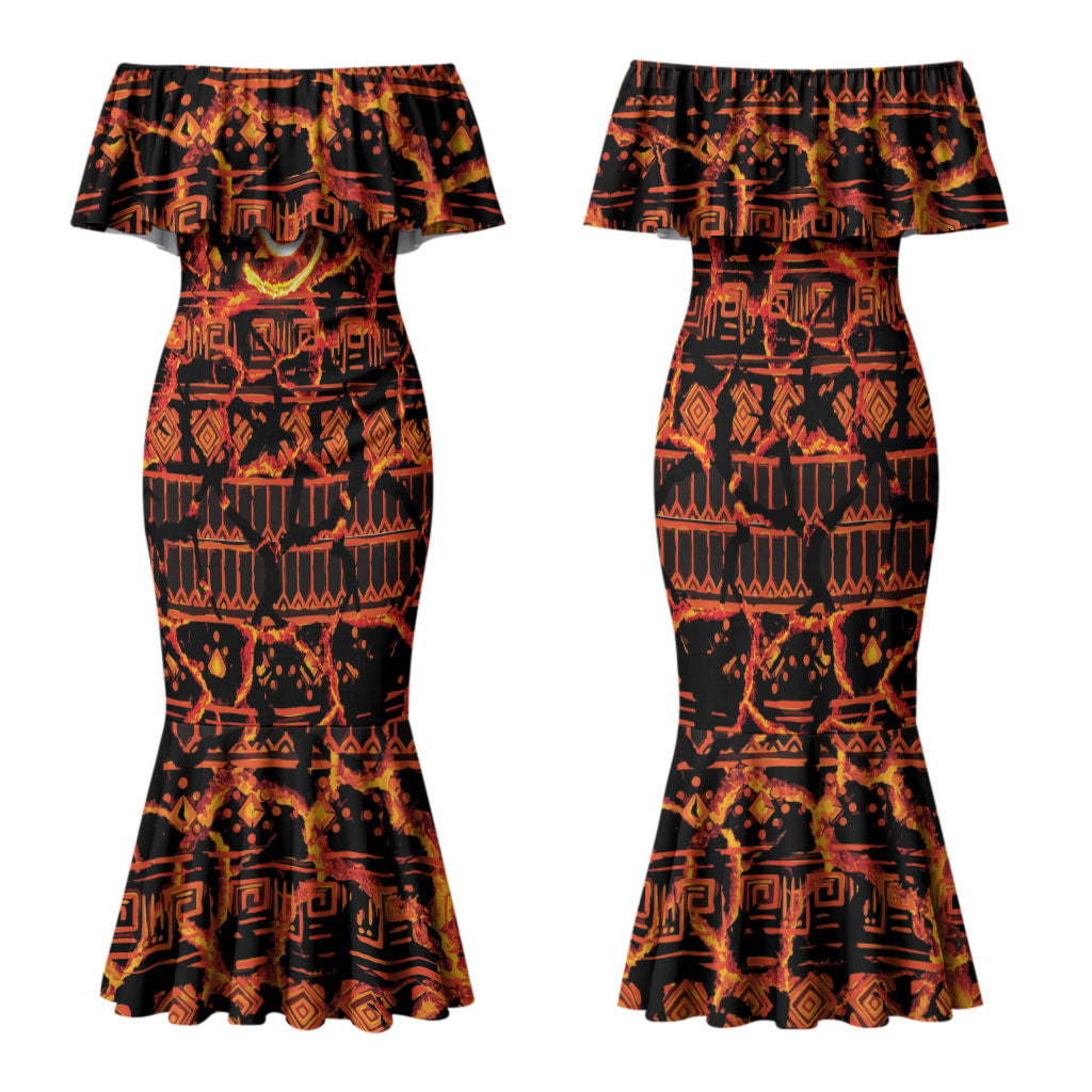 Polynesia Lava Monster Cosplay Family Matching Mermaid Dress and Hawaiian Shirt Fiery Glowing Volcano Crack Pattern