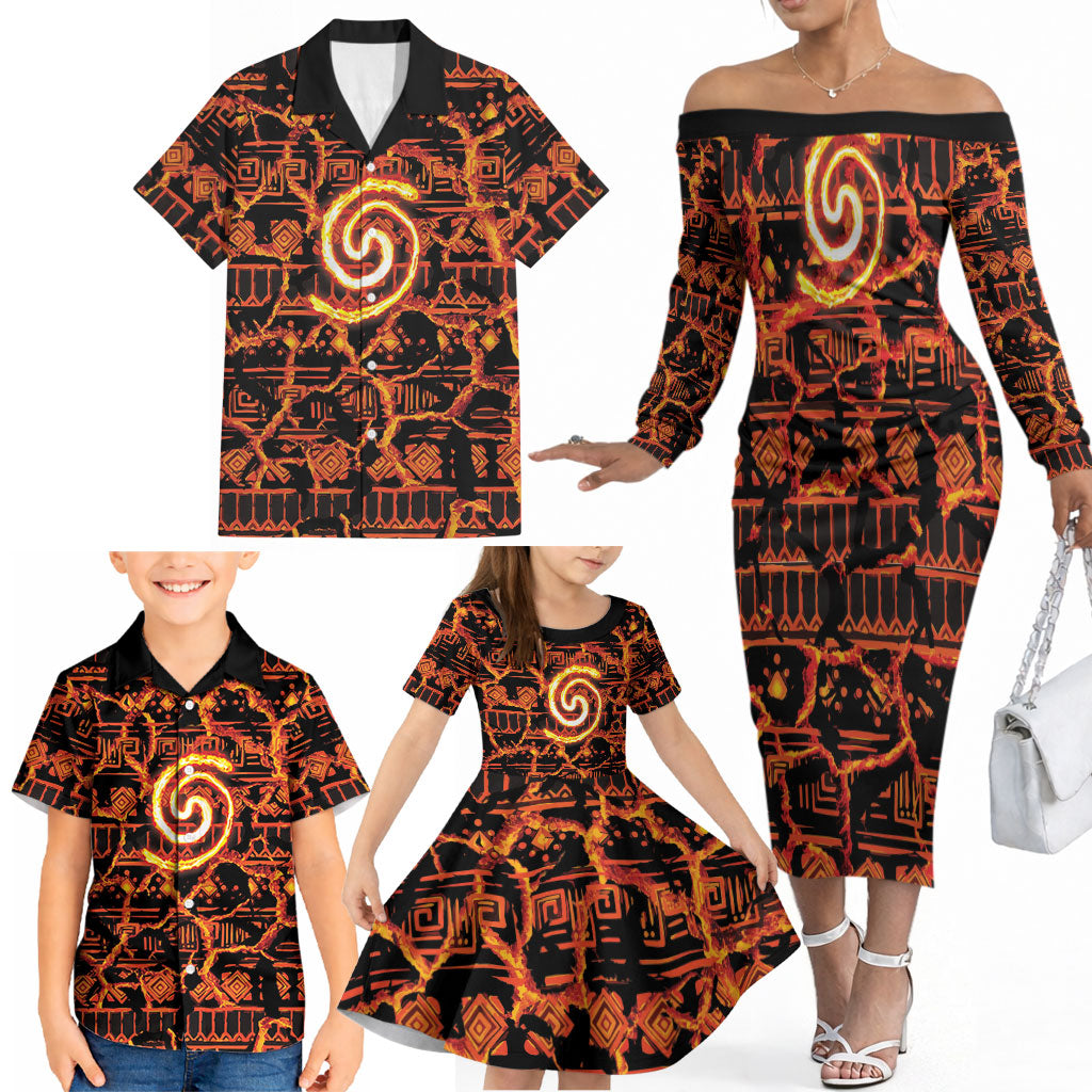 Polynesia Lava Monster Cosplay Family Matching Off The Shoulder Long Sleeve Dress and Hawaiian Shirt Fiery Glowing Volcano Crack Pattern