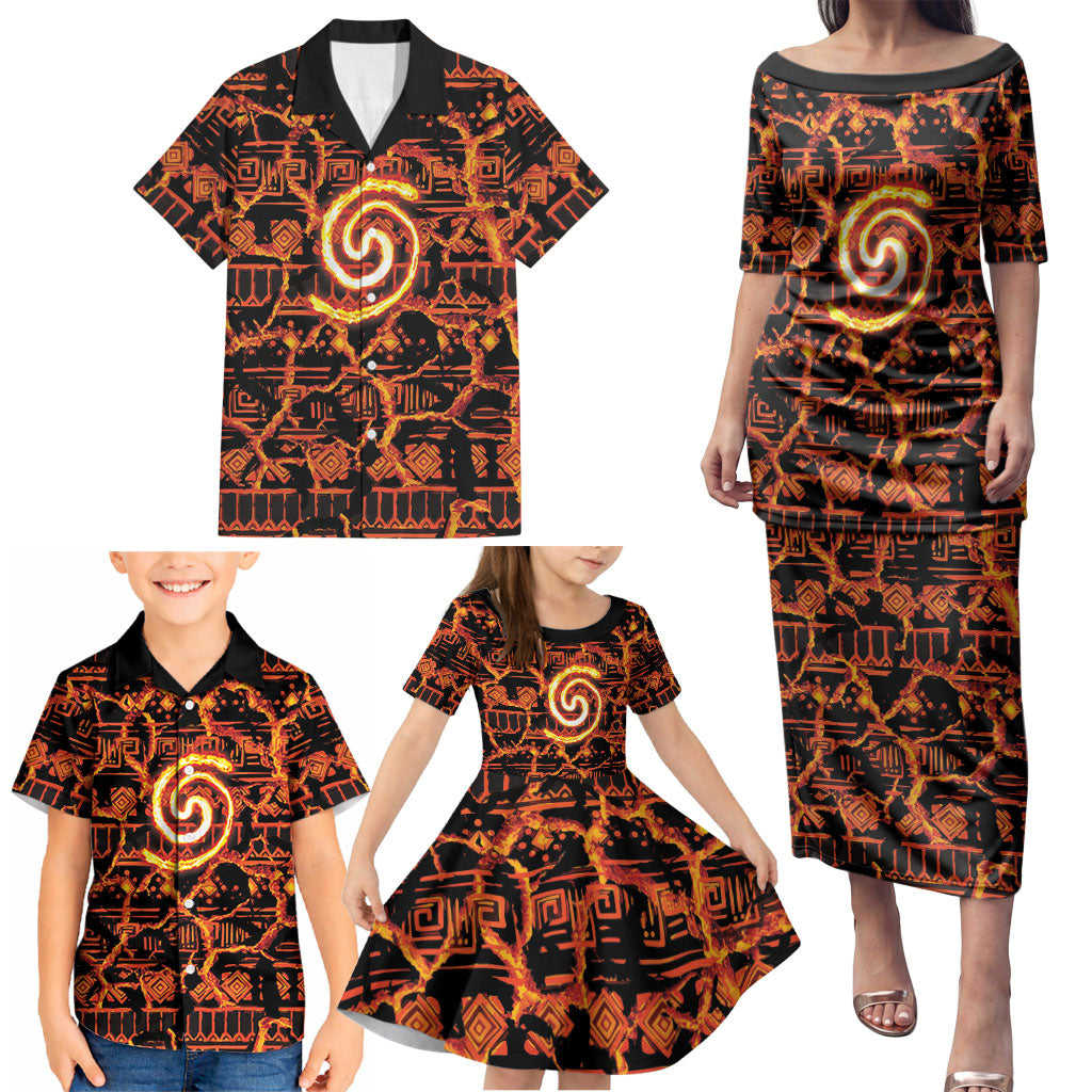 Polynesia Lava Monster Cosplay Family Matching Puletasi and Hawaiian Shirt Fiery Glowing Volcano Crack Pattern