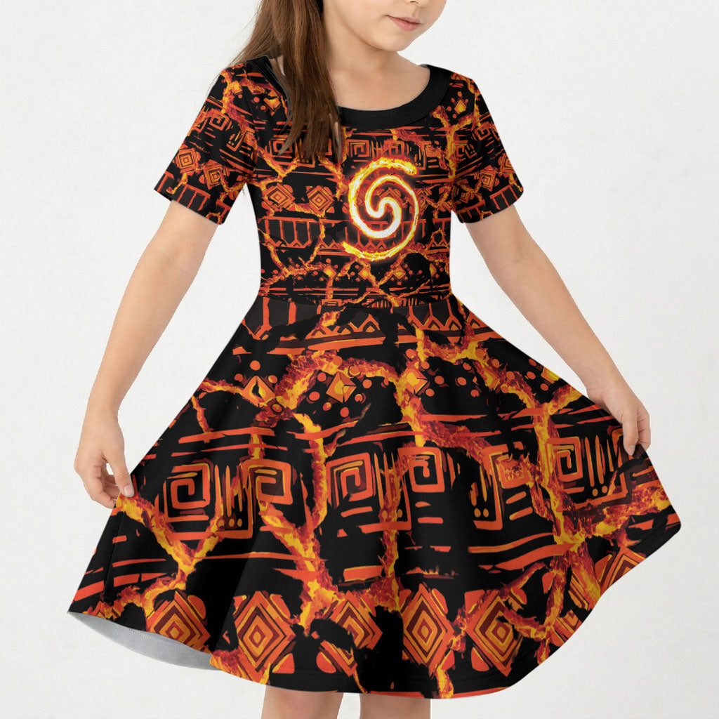 Polynesia Lava Monster Cosplay Kid Short Sleeve Dress Fiery Glowing Volcano Crack Pattern