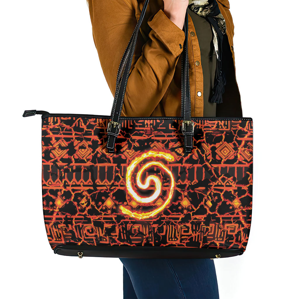 Polynesia Lava Monster Cosplay Leather Tote Bag Fiery Glowing Volcano Crack Pattern