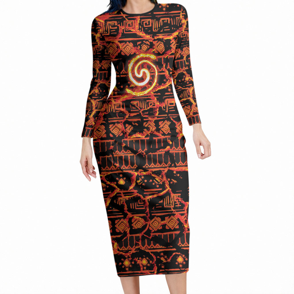 Polynesia Lava Monster Cosplay Long Sleeve Bodycon Dress Fiery Glowing Volcano Crack Pattern