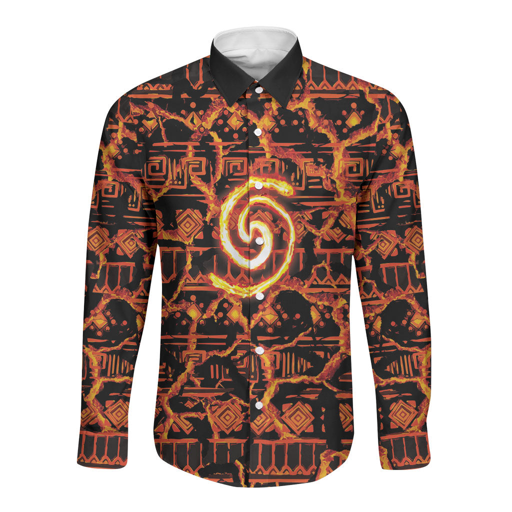 Polynesia Lava Monster Cosplay Long Sleeve Button Shirt Fiery Glowing Volcano Crack Pattern