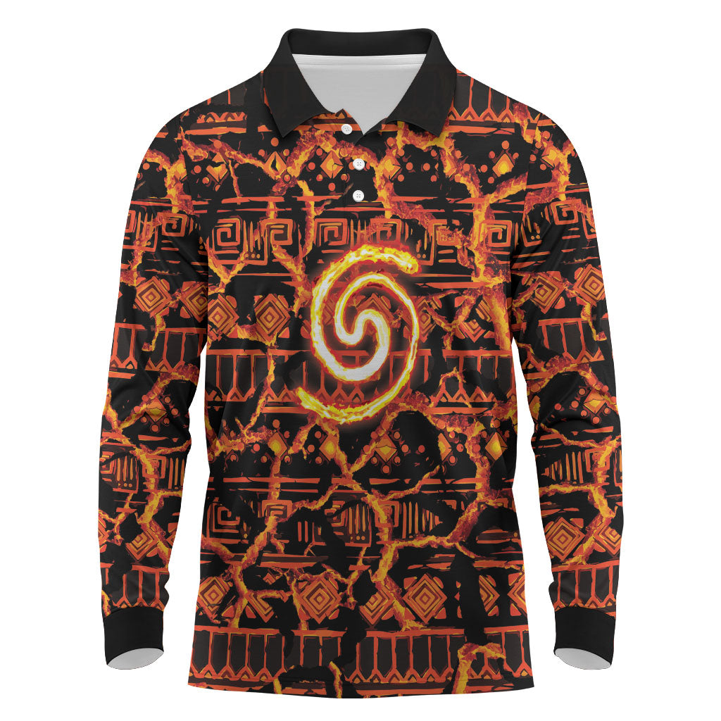 Polynesia Lava Monster Cosplay Long Sleeve Polo Shirt Fiery Glowing Volcano Crack Pattern