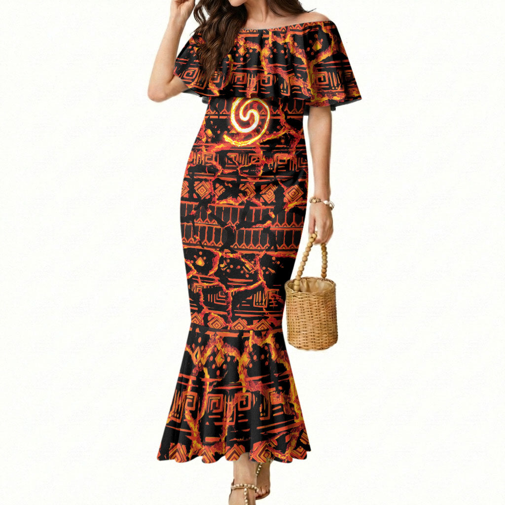 Polynesia Lava Monster Cosplay Mermaid Dress Fiery Glowing Volcano Crack Pattern