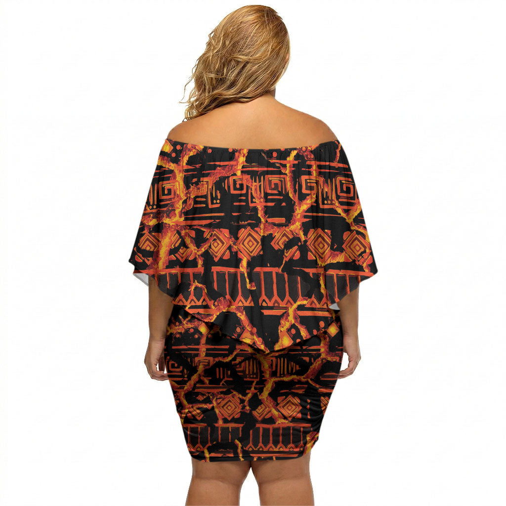 Polynesia Lava Monster Cosplay Off Shoulder Short Dress Fiery Glowing Volcano Crack Pattern