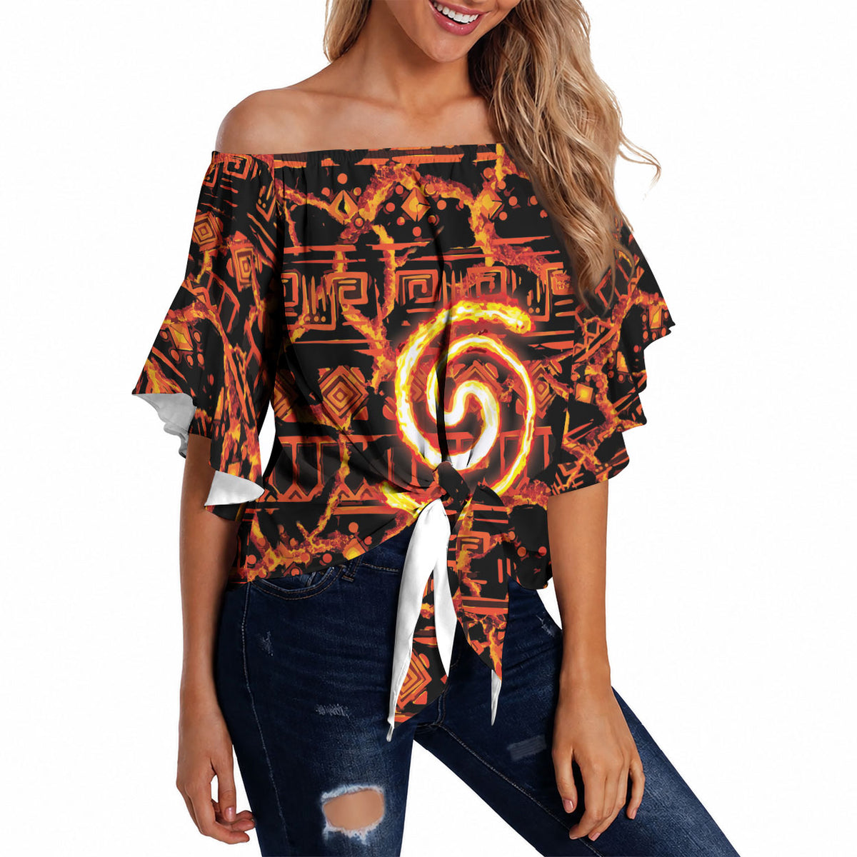 Polynesia Lava Monster Cosplay Off Shoulder Wrap Waist Top Fiery Glowing Volcano Crack Pattern