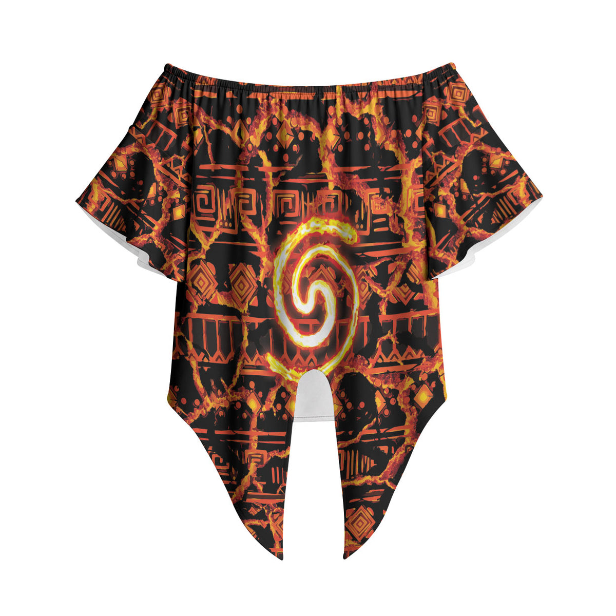 Polynesia Lava Monster Cosplay Off Shoulder Wrap Waist Top Fiery Glowing Volcano Crack Pattern