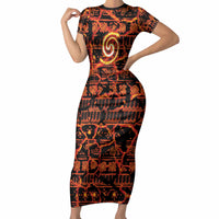 Polynesia Lava Monster Cosplay Short Sleeve Bodycon Dress Fiery Glowing Volcano Crack Pattern