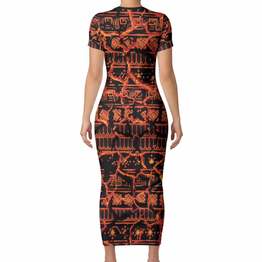 Polynesia Lava Monster Cosplay Short Sleeve Bodycon Dress Fiery Glowing Volcano Crack Pattern
