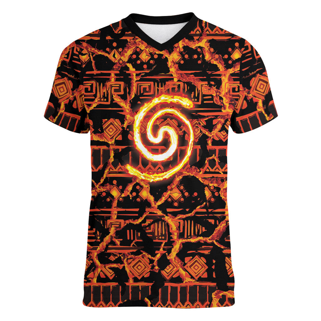Polynesia Lava Monster Cosplay Women V-Neck T-Shirt Fiery Glowing Volcano Crack Pattern