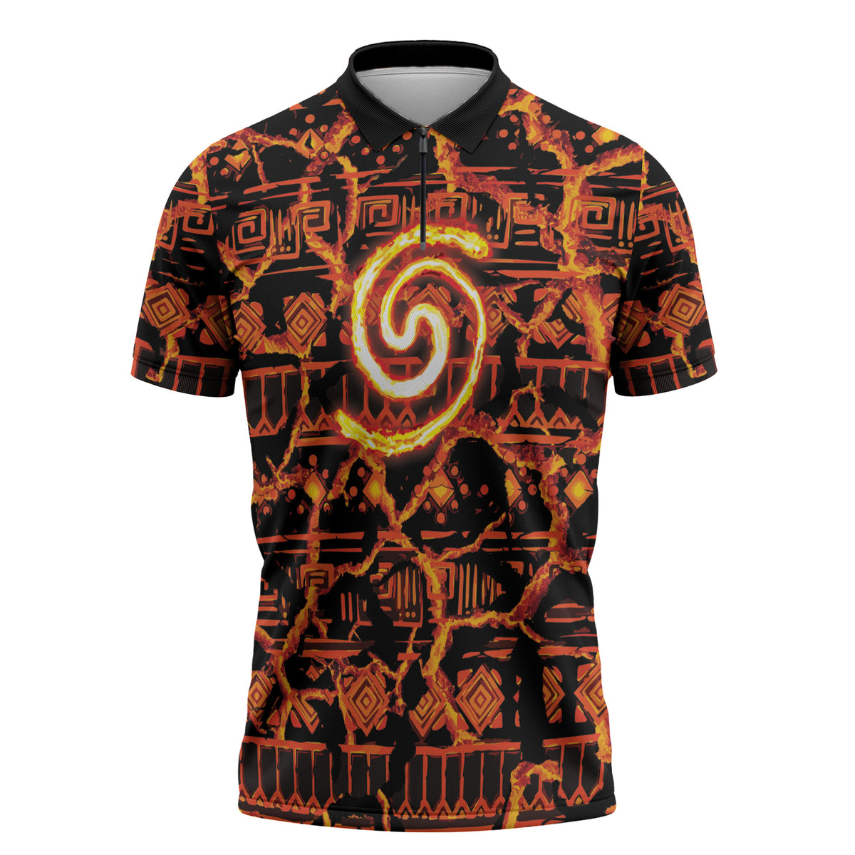 Polynesia Lava Monster Cosplay Zipper Polo Shirt Fiery Glowing Volcano Crack Pattern