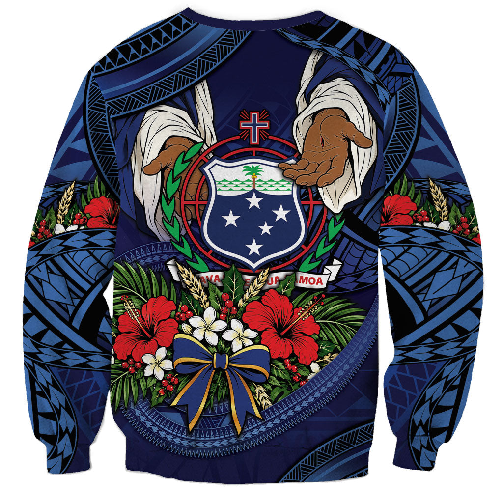 Samoa Manuia Le Kerisimasi Sweatshirt Jesus Hands Bethlehem Star Hibiscus DT05 - Polynesian Pride