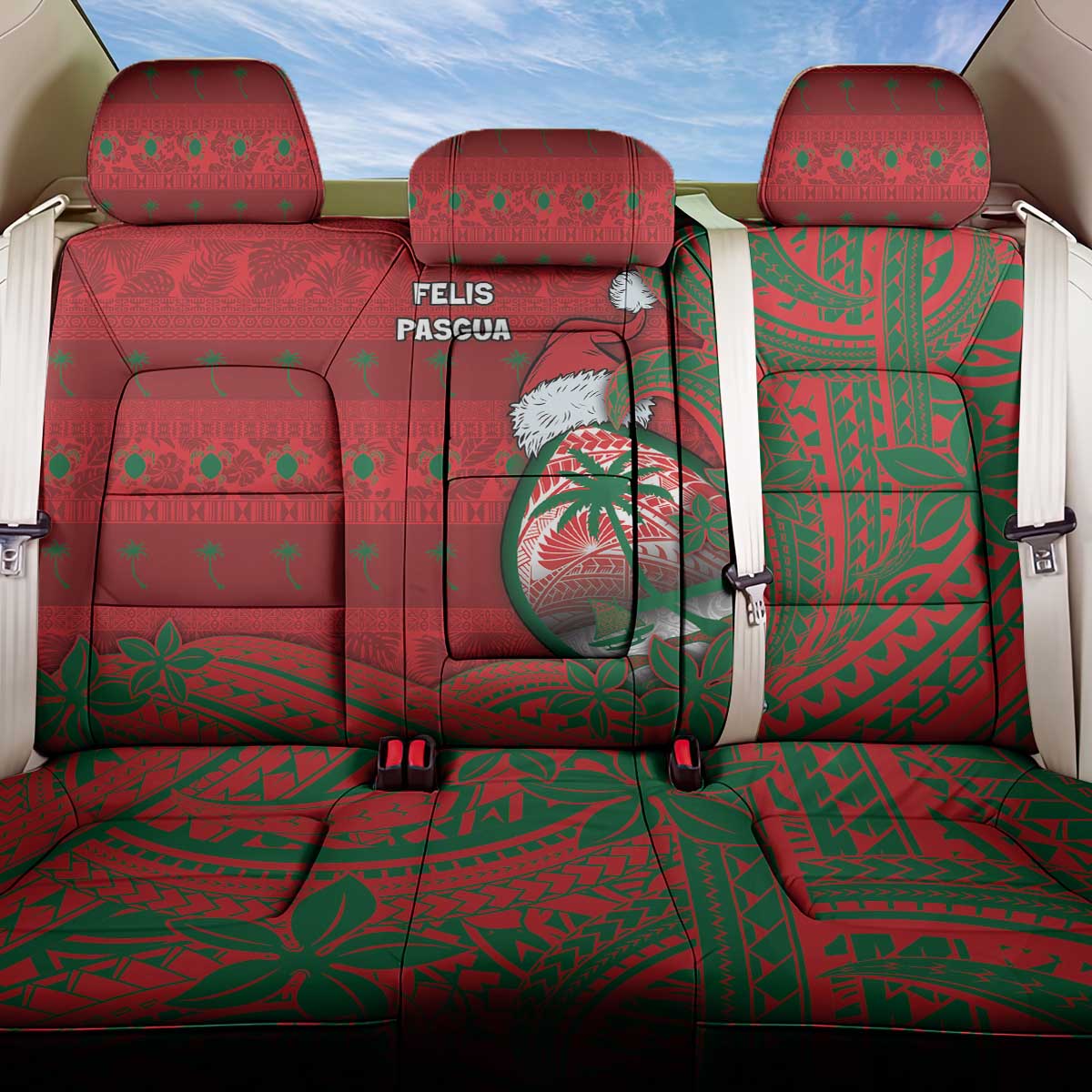 Guam Christmas Back Car Seat Cover Chamorro Seal Hat Santa Tribal Waves - Polynesian Pride
