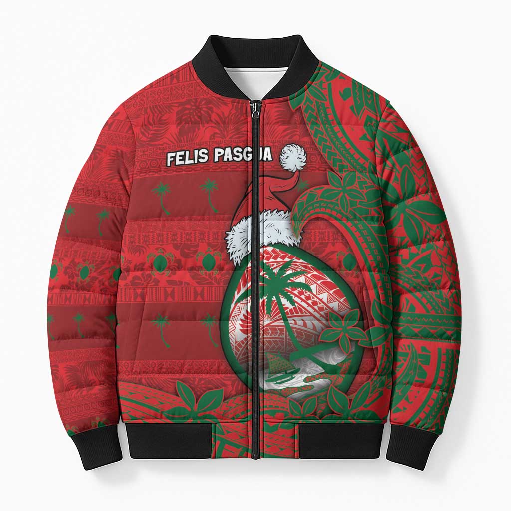 Guam Christmas Bomber Puffer Jacket Chamorro Seal Hat Santa Tribal Waves - Polynesian Pride