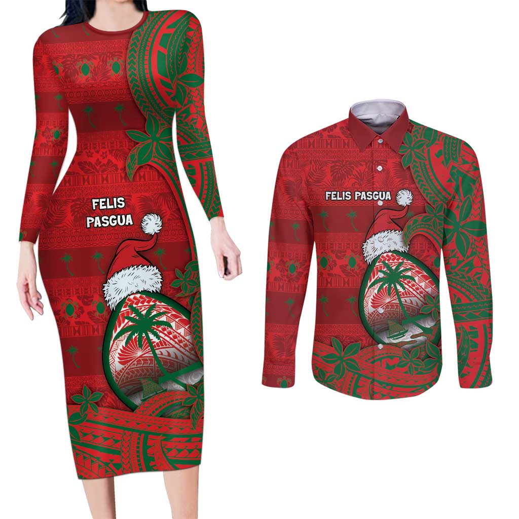 Guam Christmas Couples Matching Long Sleeve Bodycon Dress and Long Sleeve Button Shirt Chamorro Seal Hat Santa Tribal Waves - Polynesian Pride