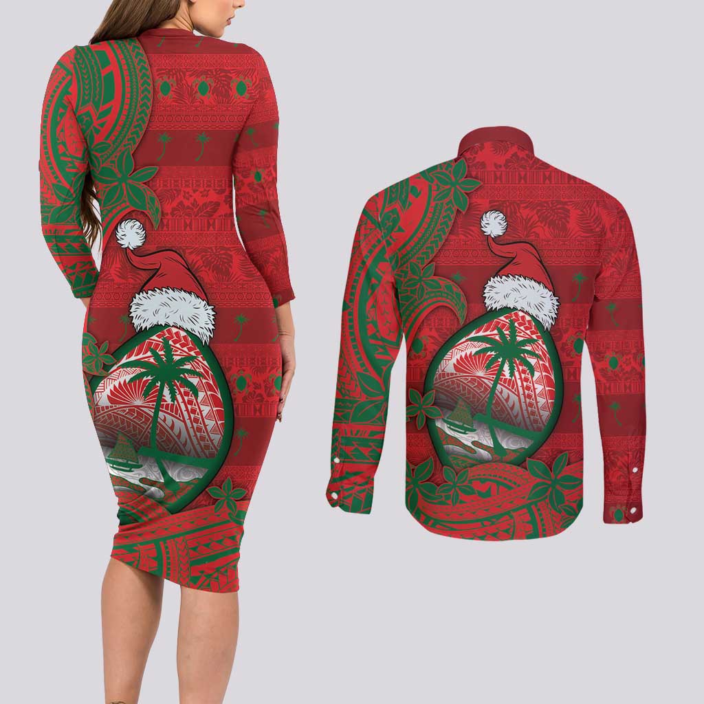 Guam Christmas Couples Matching Long Sleeve Bodycon Dress and Long Sleeve Button Shirt Chamorro Seal Hat Santa Tribal Waves - Polynesian Pride