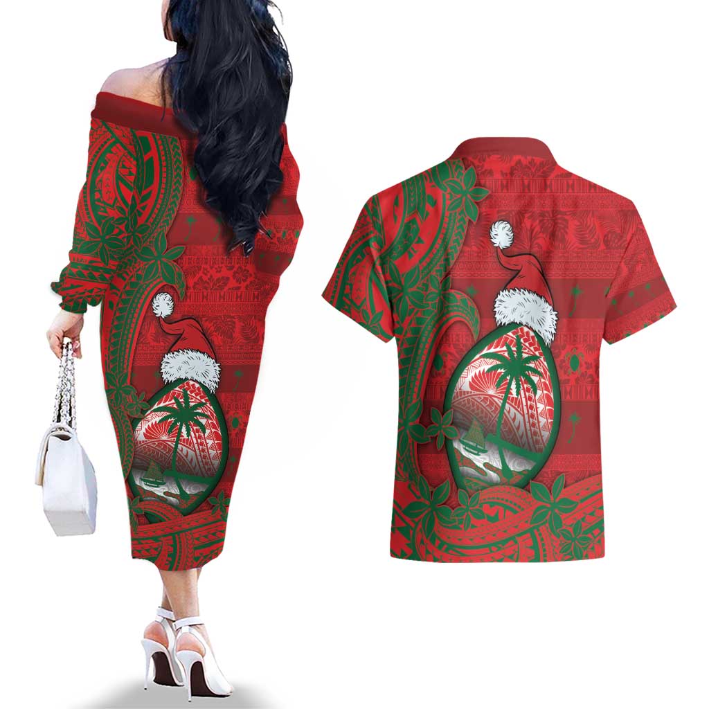 Guam Christmas Couples Matching Off The Shoulder Long Sleeve Dress and Hawaiian Shirt Chamorro Seal Hat Santa Tribal Waves - Polynesian Pride