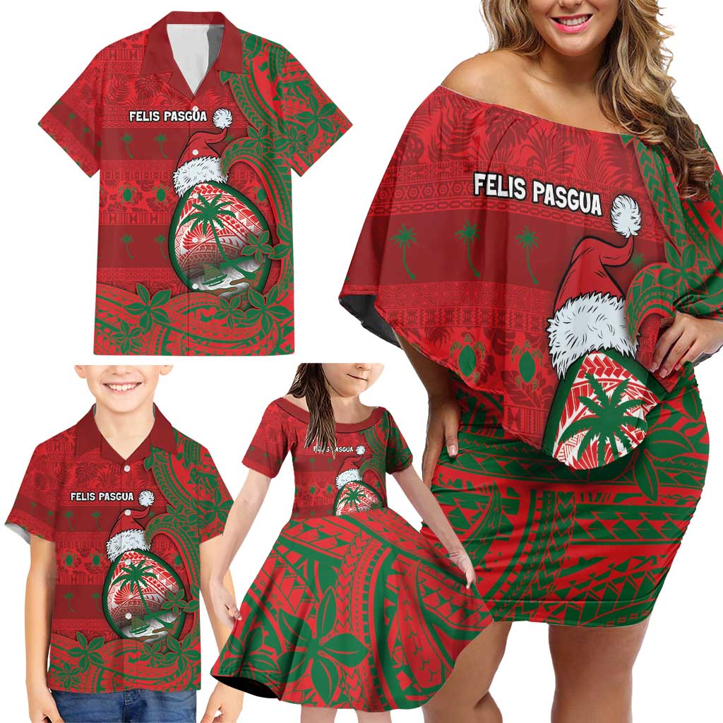 Guam Christmas Family Matching Off Shoulder Short Dress and Hawaiian Shirt Chamorro Seal Hat Santa Tribal Waves - Polynesian Pride