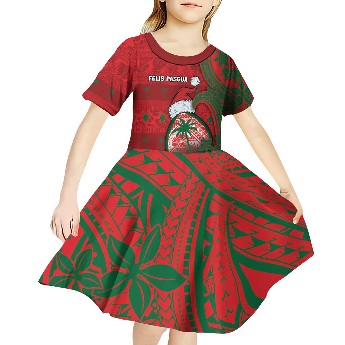 Guam Christmas Kid Short Sleeve Dress Chamorro Seal Hat Santa Tribal Waves - Polynesian Pride