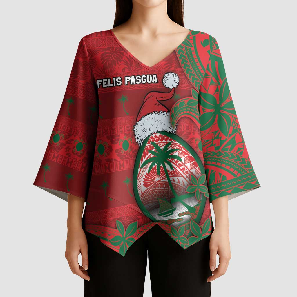 Guam Christmas Kimono Sleeve Blouse Chamorro Seal Hat Santa Tribal Waves - Polynesian Pride