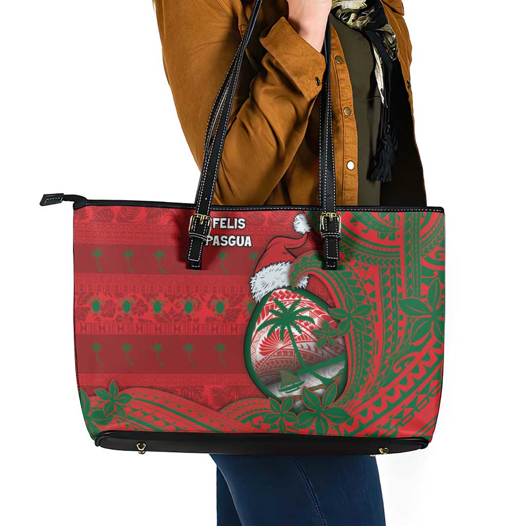 Guam Christmas Leather Tote Bag Chamorro Seal Hat Santa Tribal Waves - Polynesian Pride