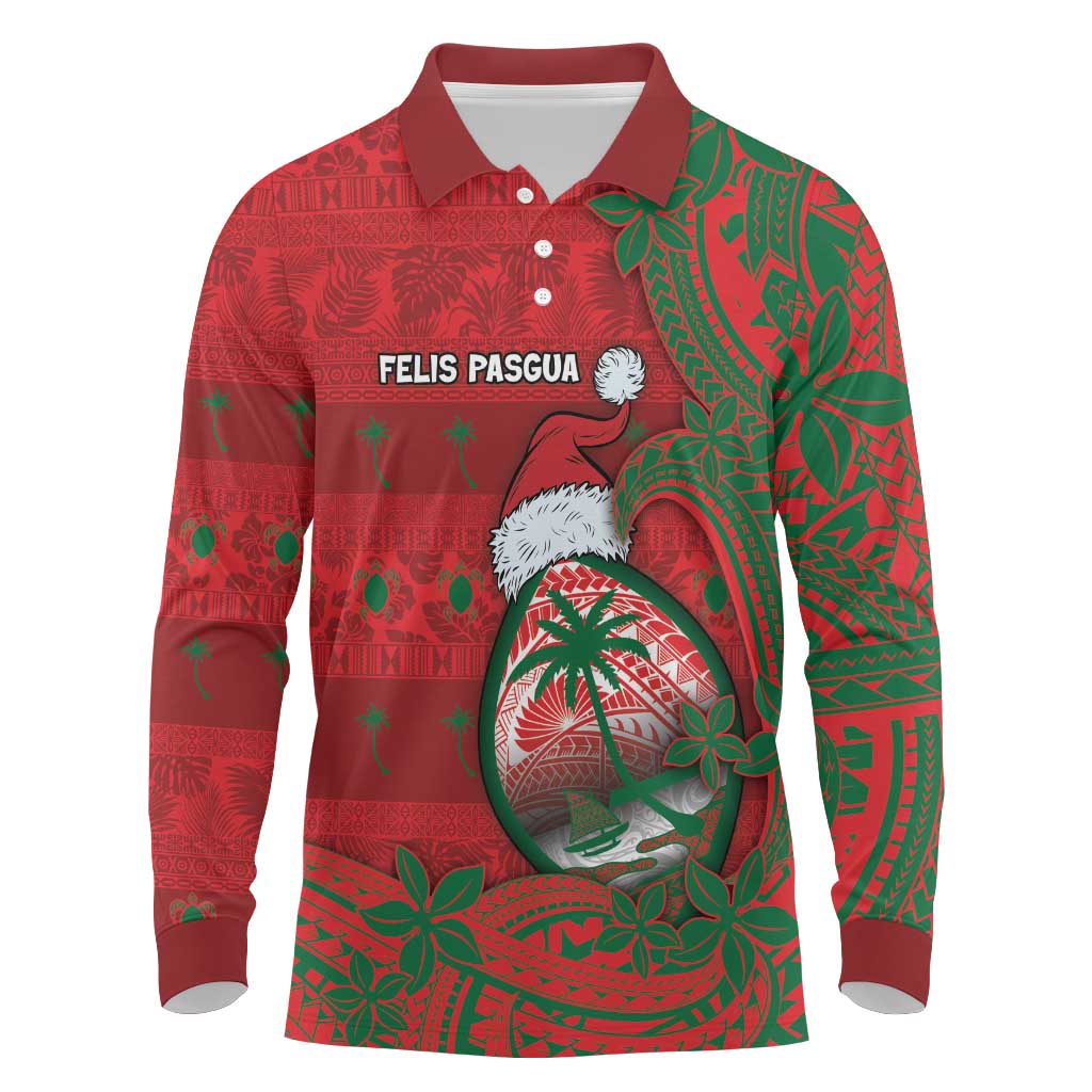Guam Christmas Long Sleeve Polo Shirt Chamorro Seal Hat Santa Tribal Waves - Polynesian Pride