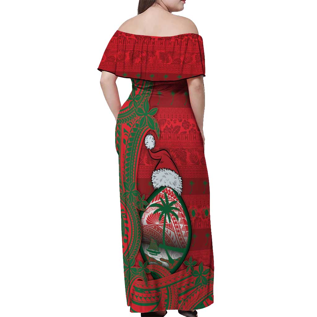 Guam Christmas Off Shoulder Maxi Dress Chamorro Seal Hat Santa Tribal Waves - Polynesian Pride