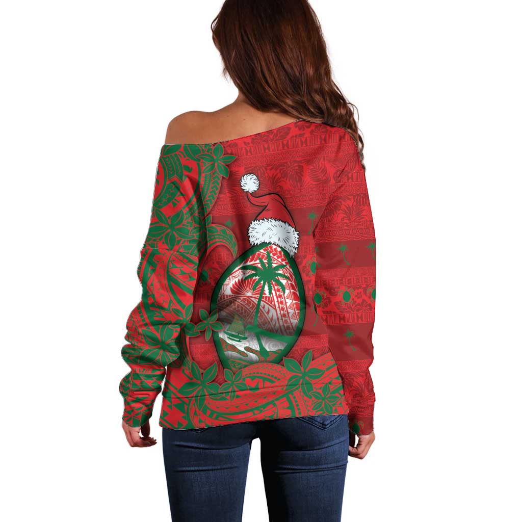 Guam Christmas Off Shoulder Sweater Chamorro Seal Hat Santa Tribal Waves - Polynesian Pride