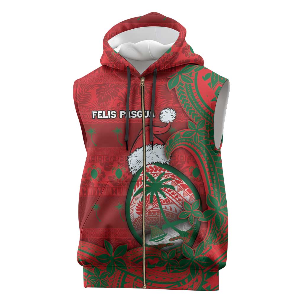 Guam Christmas Sleeveless Zip Hoodie Chamorro Seal Hat Santa Tribal Waves - Polynesian Pride