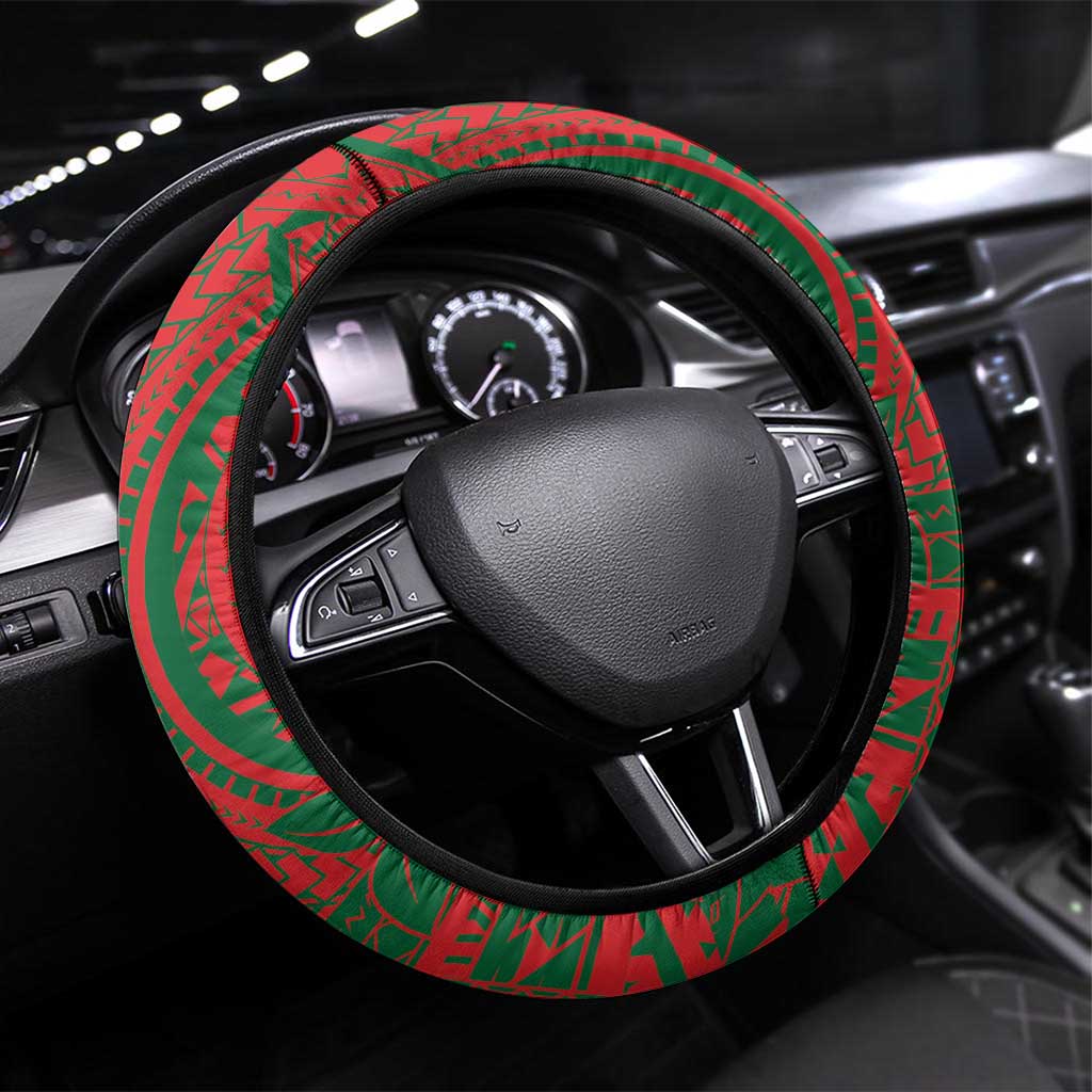 Guam Christmas Steering Wheel Cover Chamorro Seal Hat Santa Tribal Waves - Polynesian Pride