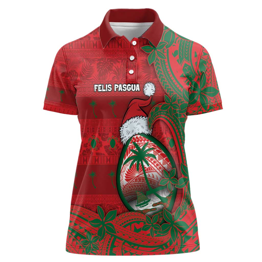 Guam Christmas Women Polo Shirt Chamorro Seal Hat Santa Tribal Waves - Polynesian Pride