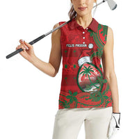 Guam Christmas Women Sleeveless Polo Shirt Chamorro Seal Hat Santa Tribal Waves - Polynesian Pride