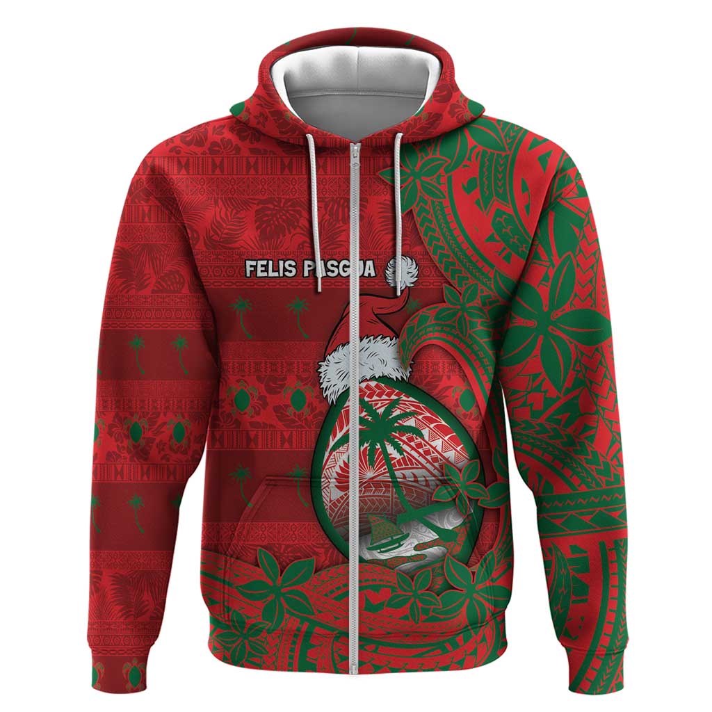 Guam Christmas Zip Hoodie Chamorro Seal Hat Santa Tribal Waves DT05 Zip Hoodie Red - Polynesian Pride