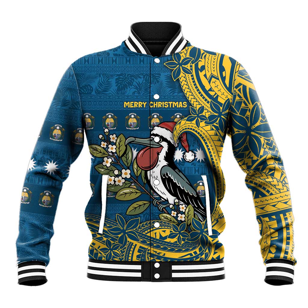 Nauru Christmas Baseball Jacket Frigatebird Bird Santa Tribal Waves - Polynesian Pride