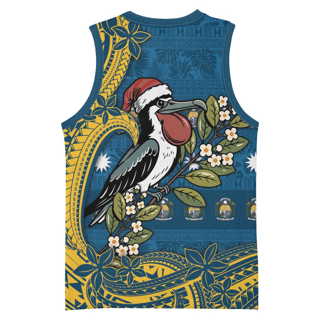 Nauru Christmas Basketball Jersey Frigatebird Bird Santa Tribal Waves - Polynesian Pride