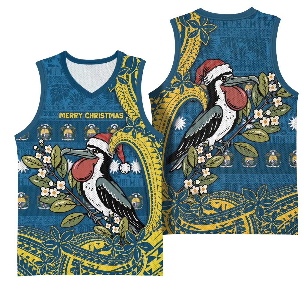 Nauru Christmas Basketball Jersey Frigatebird Bird Santa Tribal Waves - Polynesian Pride