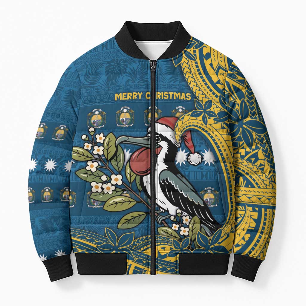 Nauru Christmas Bomber Puffer Jacket Frigatebird Bird Santa Tribal Waves - Polynesian Pride