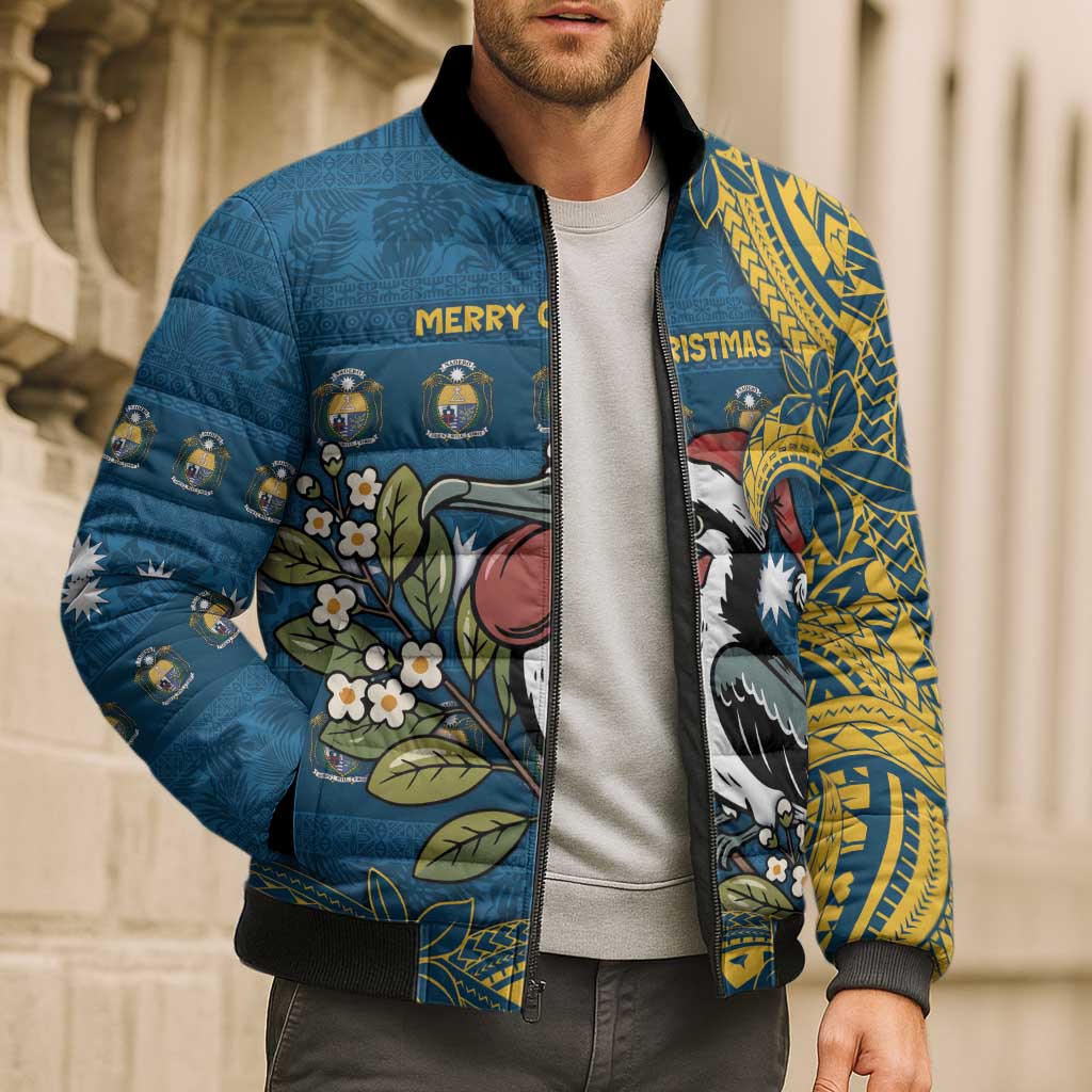 Nauru Christmas Bomber Puffer Jacket Frigatebird Bird Santa Tribal Waves - Polynesian Pride