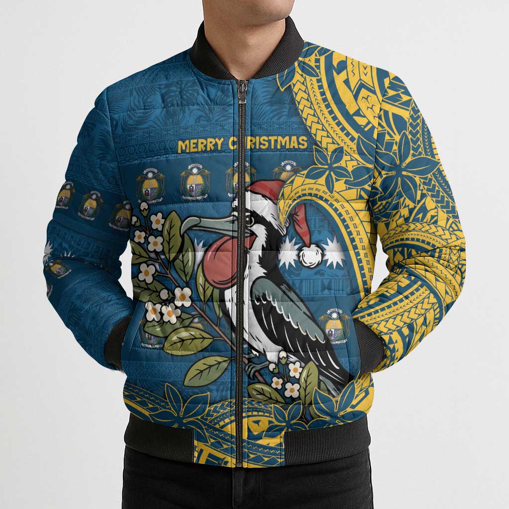 Nauru Christmas Bomber Puffer Jacket Frigatebird Bird Santa Tribal Waves - Polynesian Pride
