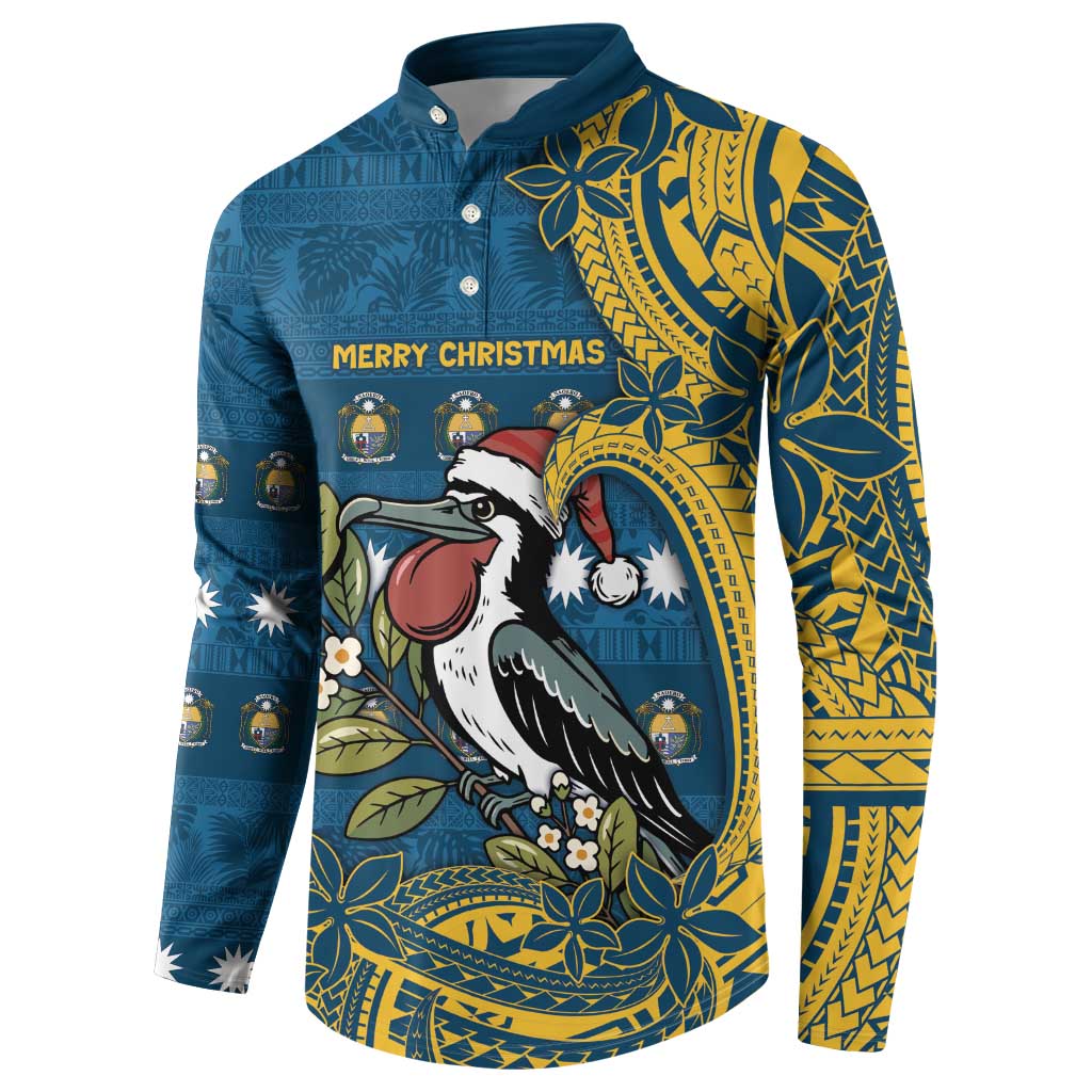 Nauru Christmas Button Sweatshirt Frigatebird Bird Santa Tribal Waves - Polynesian Pride