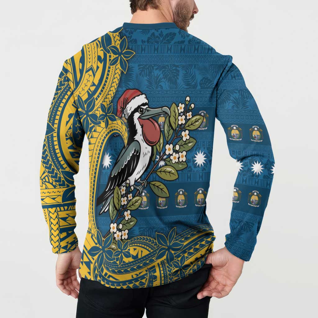 Nauru Christmas Button Sweatshirt Frigatebird Bird Santa Tribal Waves - Polynesian Pride