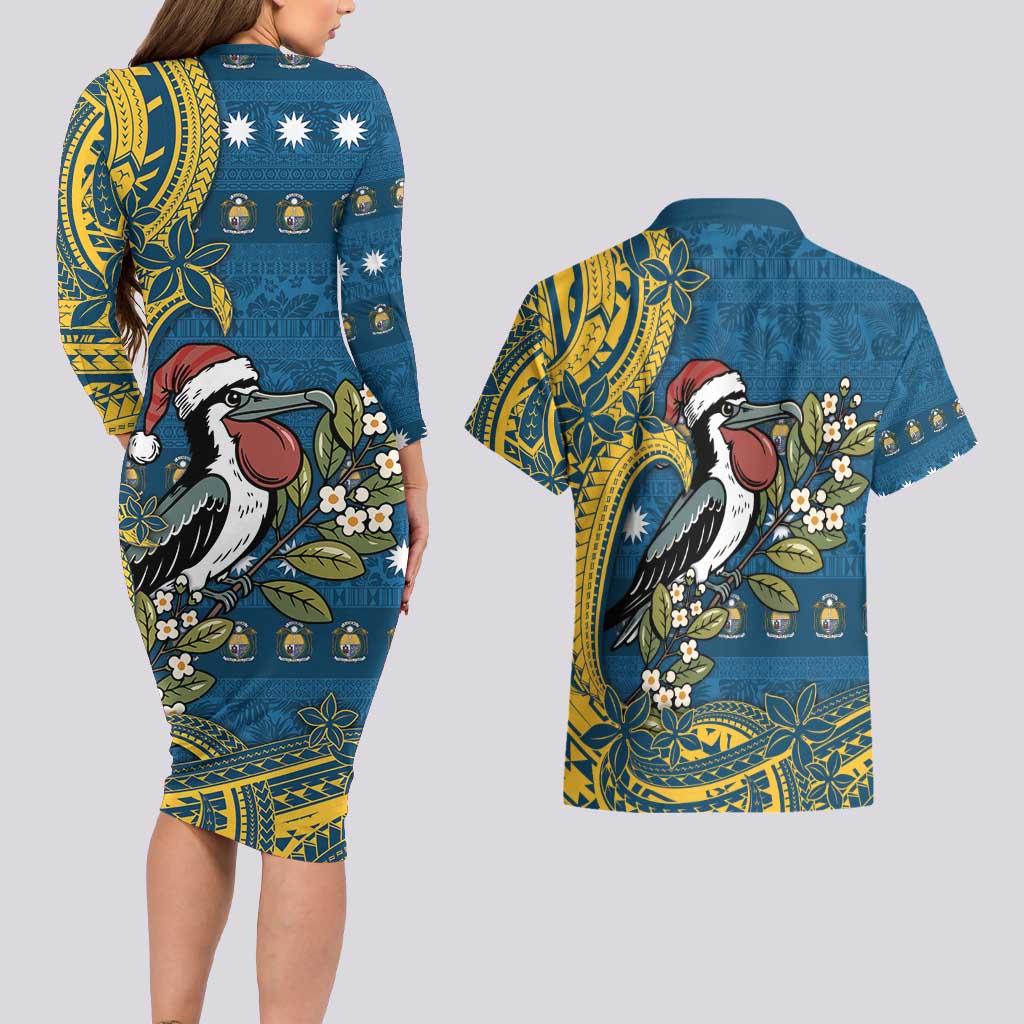 Nauru Christmas Couples Matching Long Sleeve Bodycon Dress and Hawaiian Shirt Frigatebird Bird Santa Tribal Waves - Polynesian Pride
