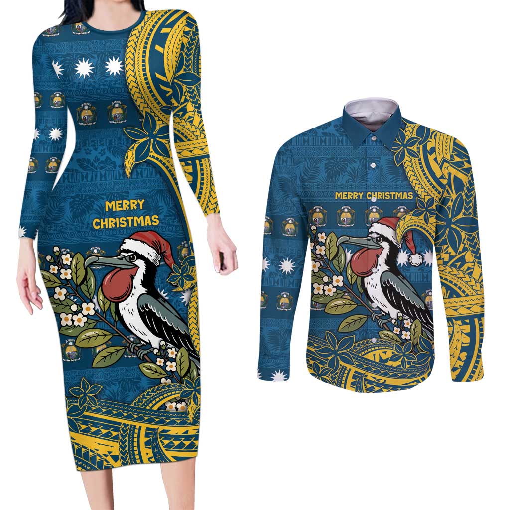Nauru Christmas Couples Matching Long Sleeve Bodycon Dress and Long Sleeve Button Shirt Frigatebird Bird Santa Tribal Waves - Polynesian Pride
