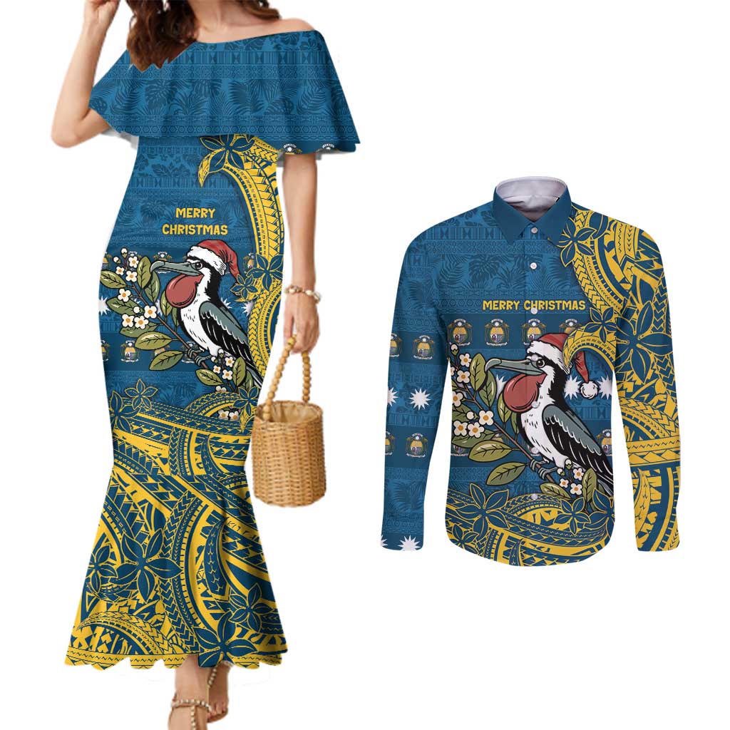 Nauru Christmas Couples Matching Mermaid Dress and Long Sleeve Button Shirt Frigatebird Bird Santa Tribal Waves - Polynesian Pride