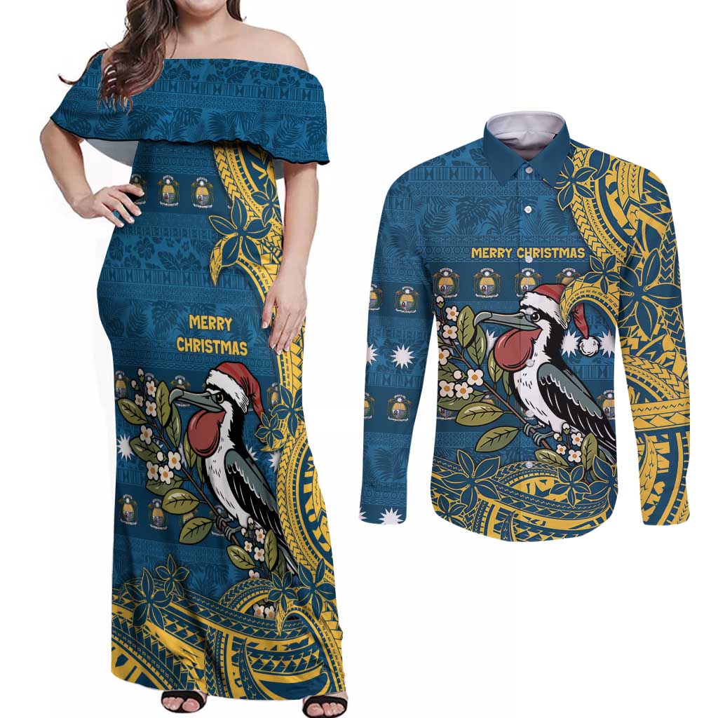 Nauru Christmas Couples Matching Off Shoulder Maxi Dress and Long Sleeve Button Shirt Frigatebird Bird Santa Tribal Waves - Polynesian Pride