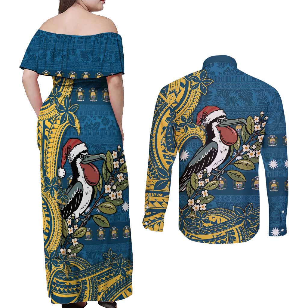 Nauru Christmas Couples Matching Off Shoulder Maxi Dress and Long Sleeve Button Shirt Frigatebird Bird Santa Tribal Waves - Polynesian Pride